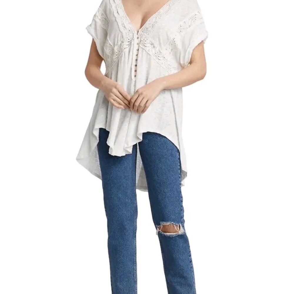 Free People Way Out There Drape Sleeve Embroidered Tunic Shirt Size XS White NWT